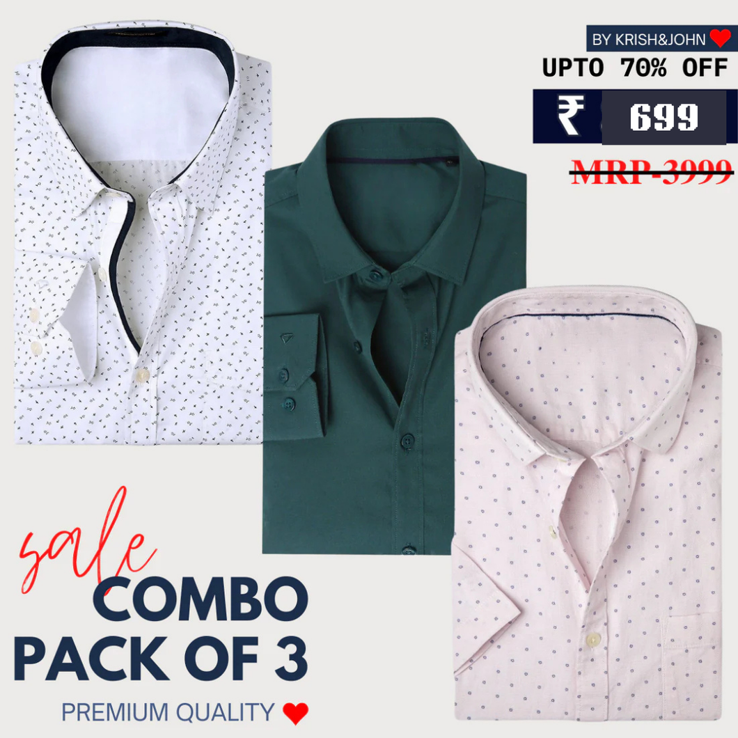 Office Essentials: 3-Pack Premium Cotton Formal Shirts – Tailored Fit, Full Sleeves & Pockets ( FS-164)