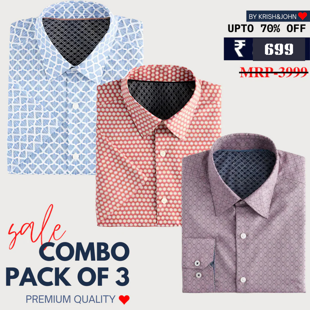 Office Essentials: 3-Pack Premium Cotton Formal Shirts – Tailored Fit, Full Sleeves & Pockets (FS-35 )