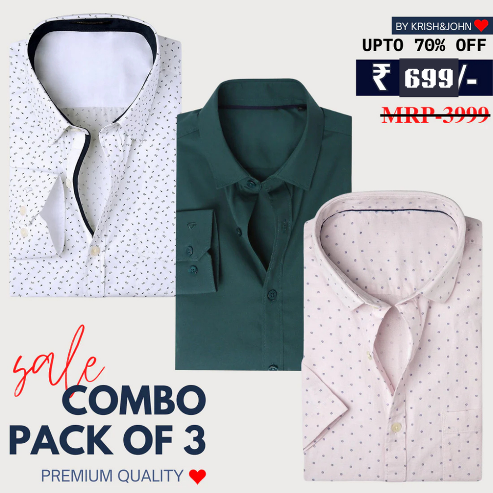 Office Essentials: 3-Pack Premium Cotton Formal Shirts – Tailored Fit, Full Sleeves & Pockets (FS-37 )
