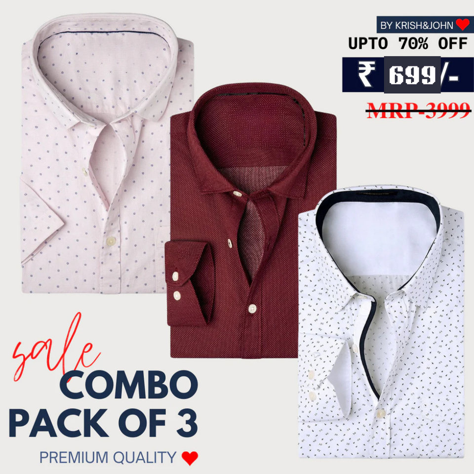 Office Essentials: 3-Pack Premium Cotton Formal Shirts – Tailored Fit, Full Sleeves & Pockets (FS-37 )