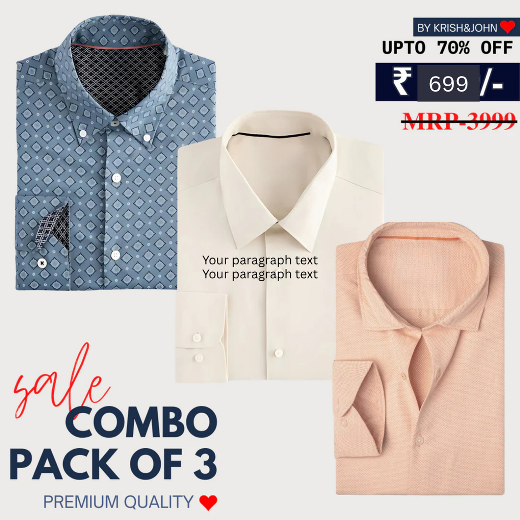 Office Essentials: 3-Pack Premium Cotton Formal Shirts – Tailored Fit, Full Sleeves & Pockets (FS-36 )