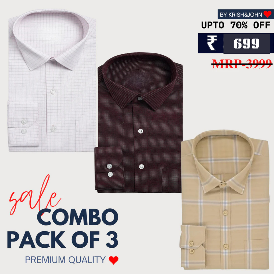 Office Essentials: 3-Pack Premium Cotton Formal Shirts – Tailored Fit, Full Sleeves & Pockets ( FS-166) (Copy)
